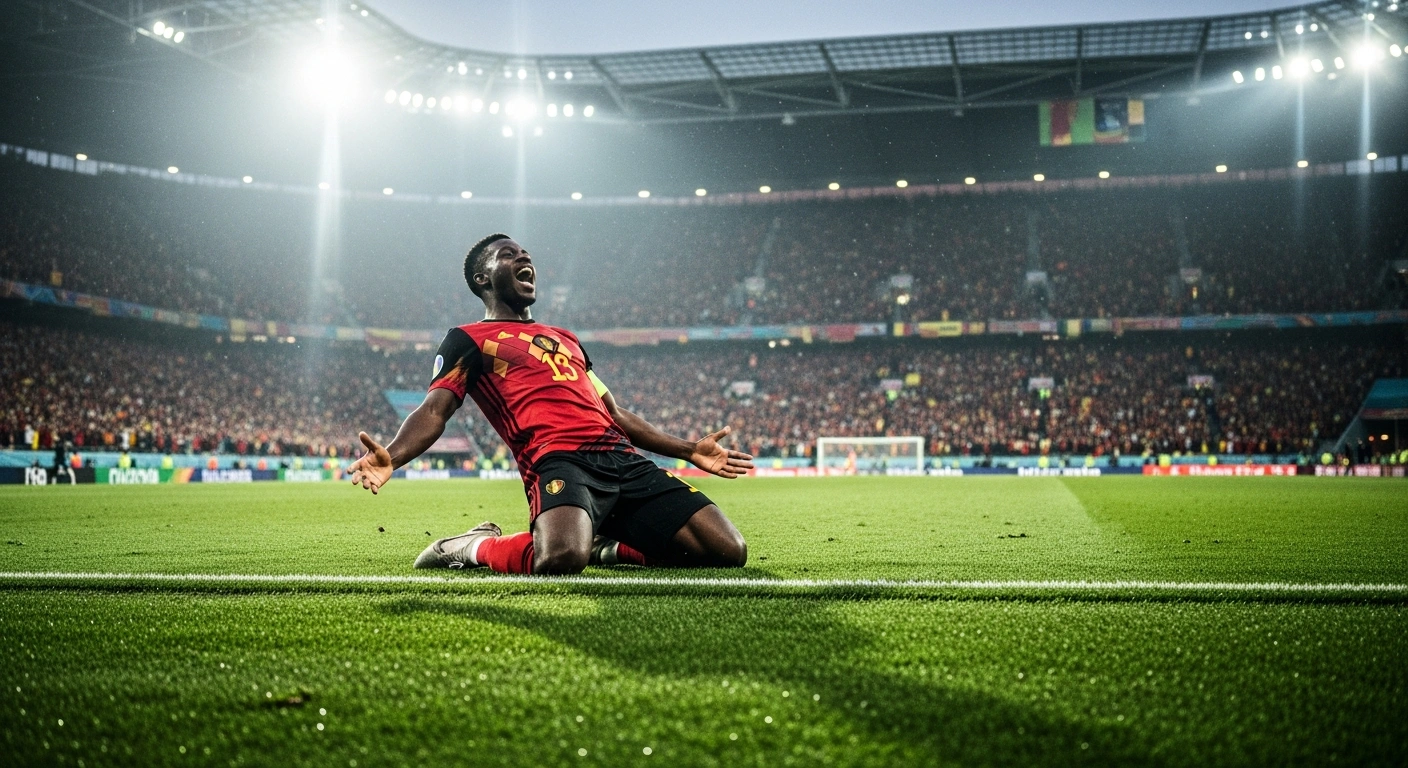 A Belgian football player celebrates on the field after Belgium secures a victory against New Zealand to advance to the 2026 FIFA World Cup knockout stage.