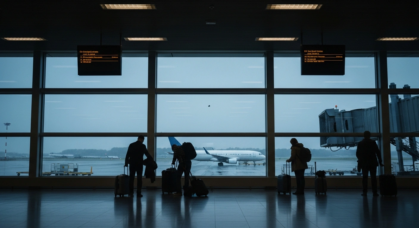 A wide shot of a dimly lit, largely deserted airport departure lounge shows a few weary passengers with luggage, looking out through large windows at a grounded aircraft on the tarmac and a small, distant drone hovering in the overcast sky, illustrating the flight cancellations and disruptions at Belgium airports caused by drone sightings.