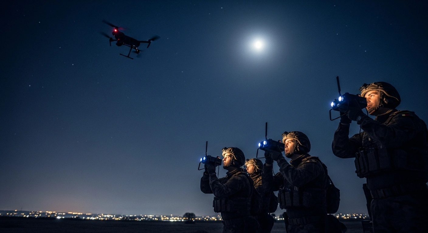 An elite anti-drone team from France, Britain, and Germany, deployed in Belgium, scans the night sky over a military base for unidentified drone incursions, with a drone subtly visible against the distant city lights.