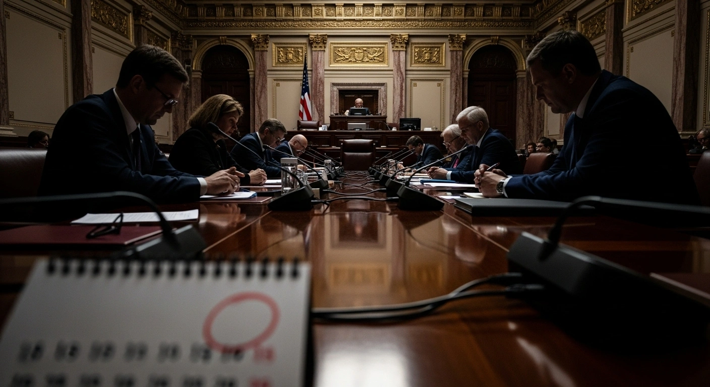 A dimly lit, ornate parliamentary chamber features shadowy figures seated around a long mahogany table, with a subtly visible calendar page in the foreground, visually representing the deadlock within Belgium's 'Arizona' coalition government over the 2026 federal budget and the looming November 6th deadline.
