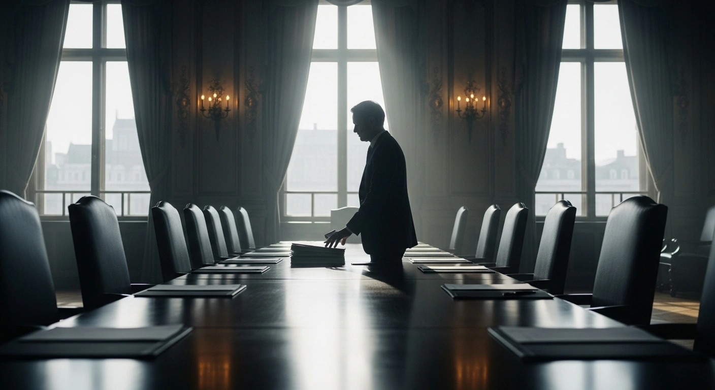 A distinguished figure, representing Budget Minister Vincent Van Peteghem, stands in a grand, ornate conference room, symbolizing Belgium's finalized multi-year budget deal projected to reduce the deficit by 8.1 billion euros by 2029 to meet EU requirements.