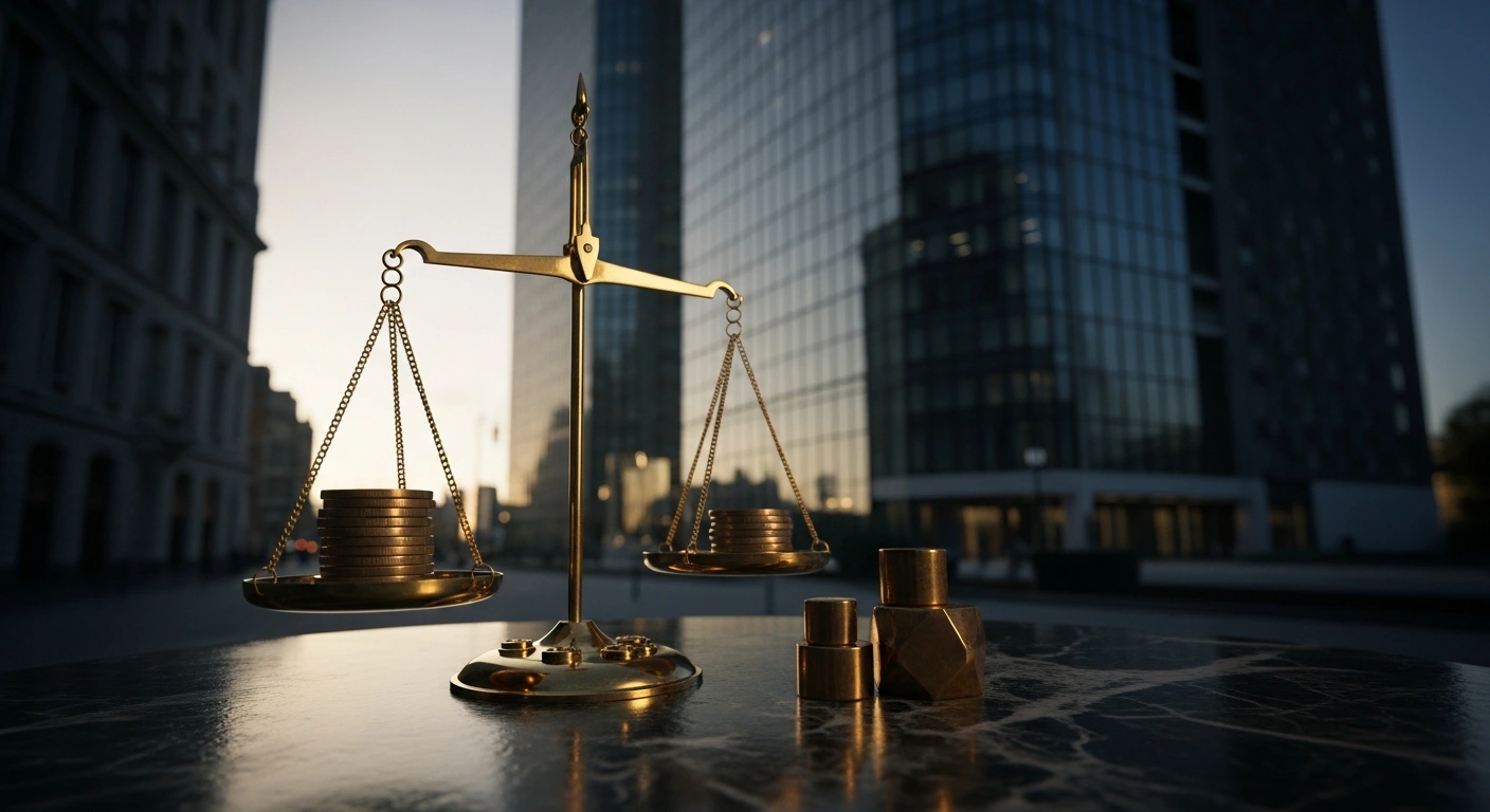 A brass scale balancing coins and a heavy block represents the Belgian government's new centenindex system to limit wage indexation for high earners.