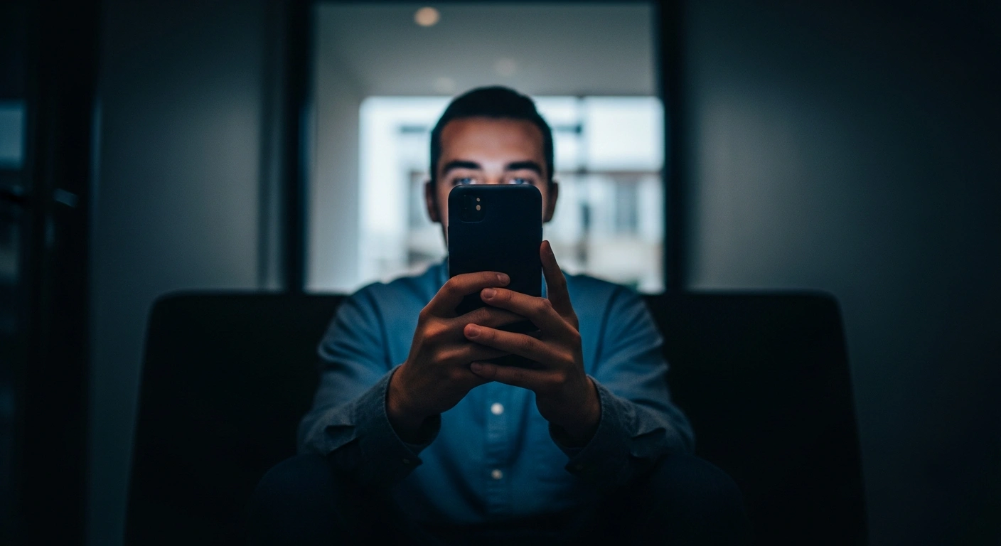 A person sits in a dimly lit room looking at a smartphone screen, representing the legislative proposal in Belgium to ban cyberbullies from social media platforms.