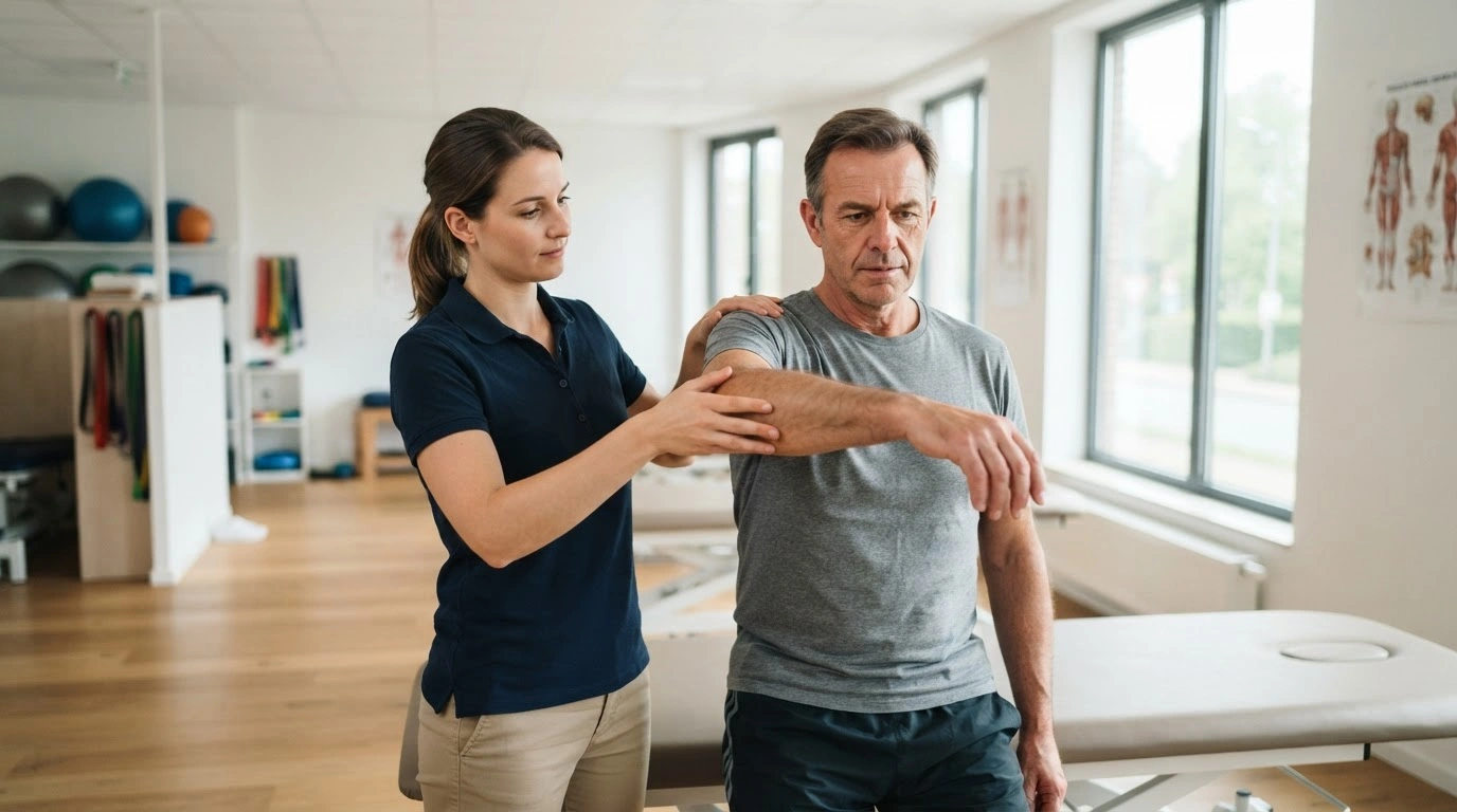 A physical therapist assists a patient with rehabilitation exercises in a modern clinic following new Belgian regulations for direct access to physiotherapy.