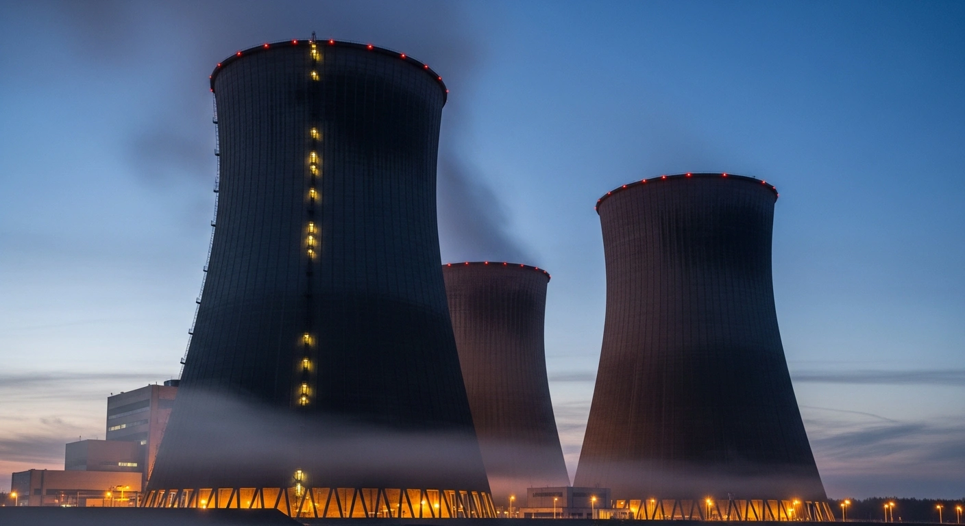 A wide, low-angle view of the colossal concrete cooling towers of the Doel-2 nuclear reactor in Belgium at twilight, with dimming industrial lights casting long shadows, symbolizing its permanent shutdown after 50 years of operation as part of the country's nuclear phase-out policy.
