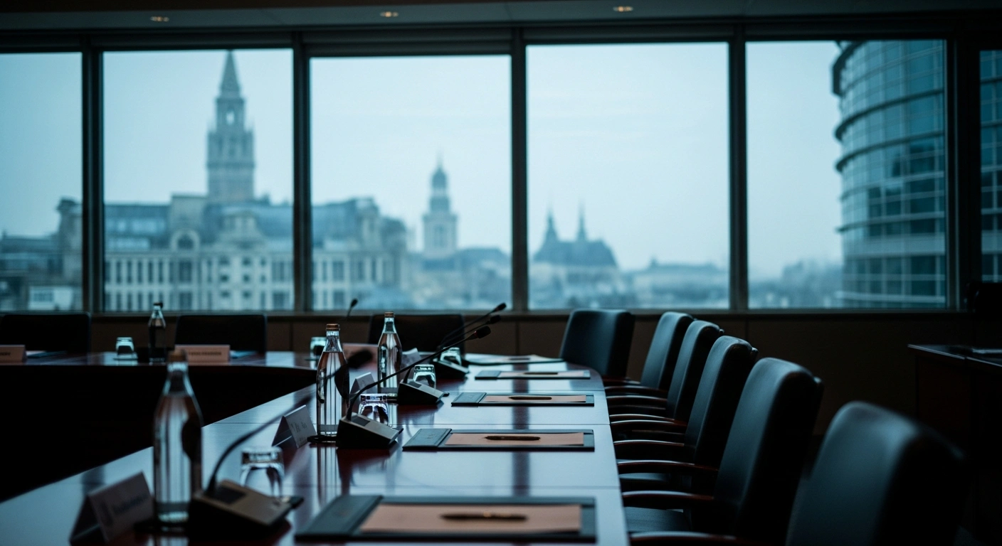 A modern conference room in Brussels prepared for an international diplomatic meeting regarding EU and Afghan delegation talks.