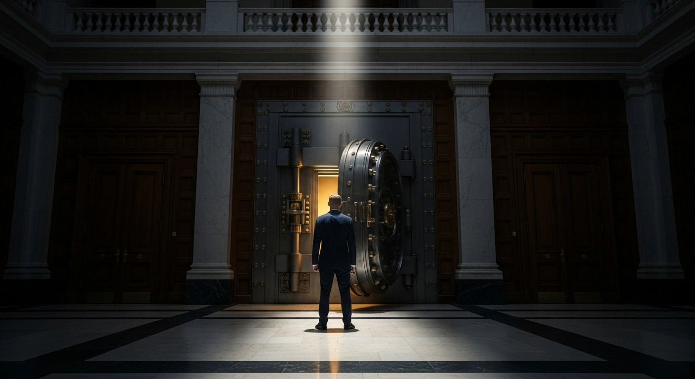 A solitary figure stands before a slightly open, ornate vault door, revealing a golden glow, in a dimly lit, neoclassical chamber, representing Belgian Prime Minister Alexander De Croo's caution to the European Union about using frozen Russian assets for Ukraine's funding due to financial and legal liabilities.