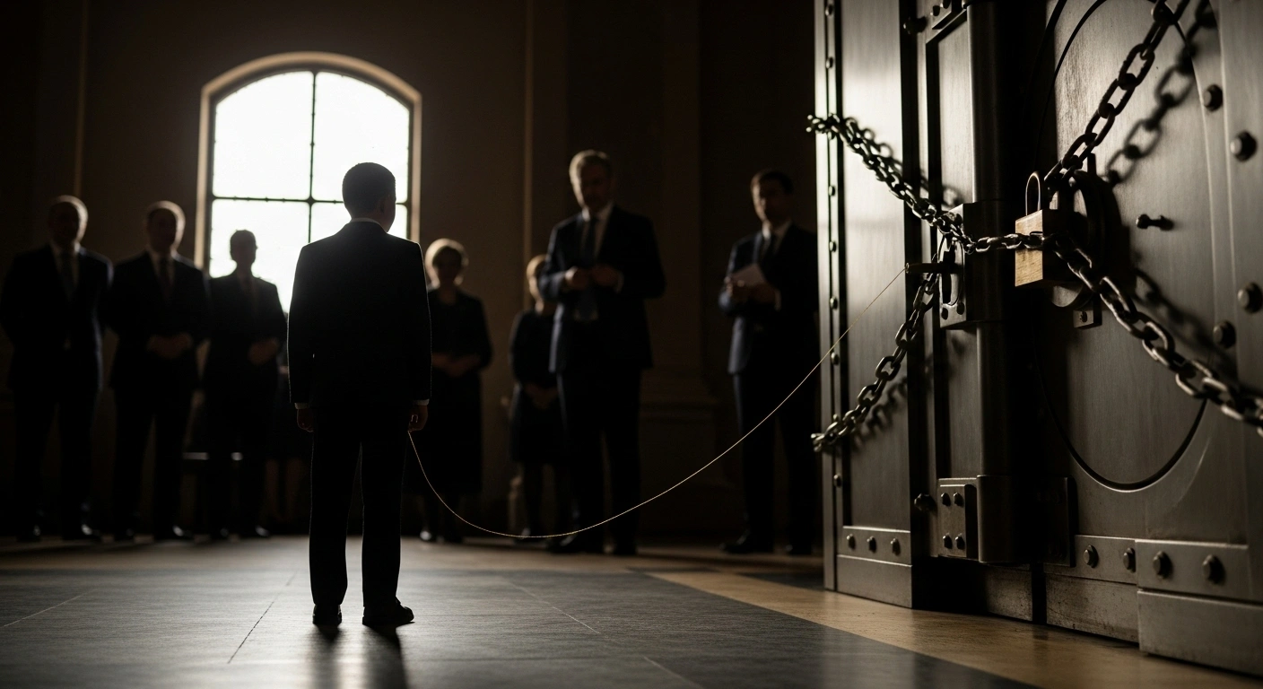 A dramatic, low-angle photograph shows a statesman, symbolizing Belgium, standing resolutely before a massive, intricately chained vault door, representing frozen Russian assets, while blurred silhouettes of other EU leaders observe in the background, illustrating the significant legal and financial risks and the postponement of a loan to Ukraine.