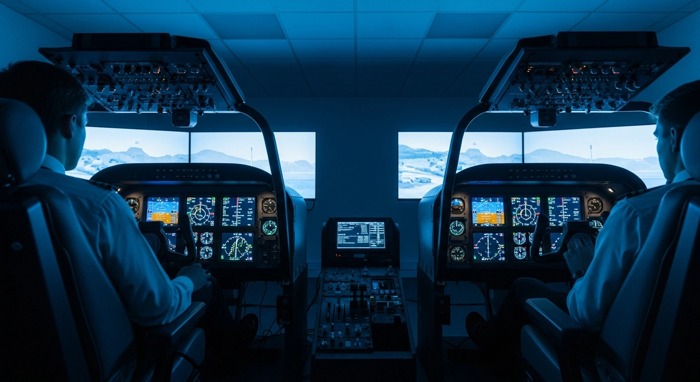 Two ALSIM AL42 flight simulators are positioned side-by-side in a professional training facility at Air Academy New CAG in Belgium.