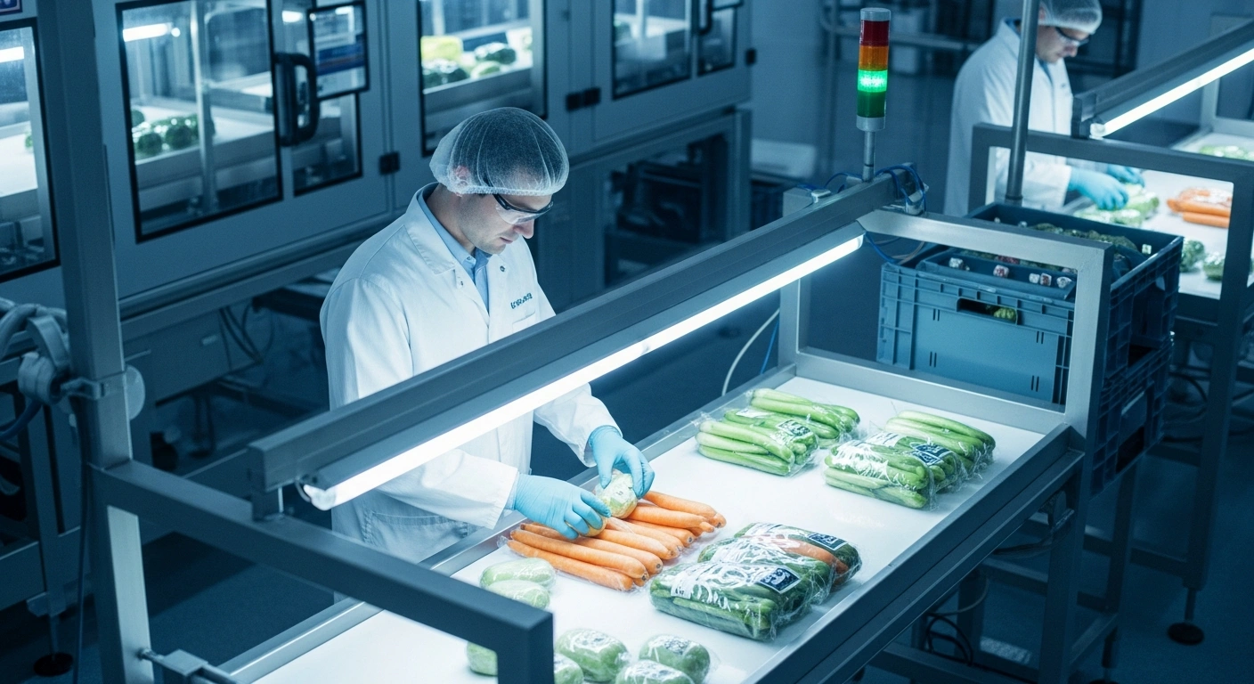 A food safety inspector from the Belgian Federal Agency for the Safety of the Food Chain examines fresh produce to ensure compliance with new food safety standards.