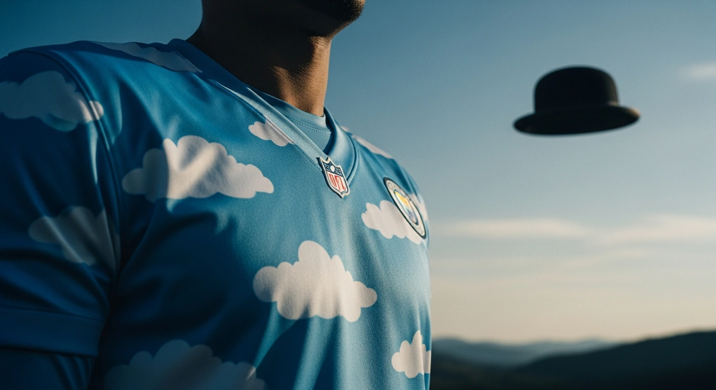A professional football player wears a new Belgian national team away kit inspired by the surrealist art of René Magritte.