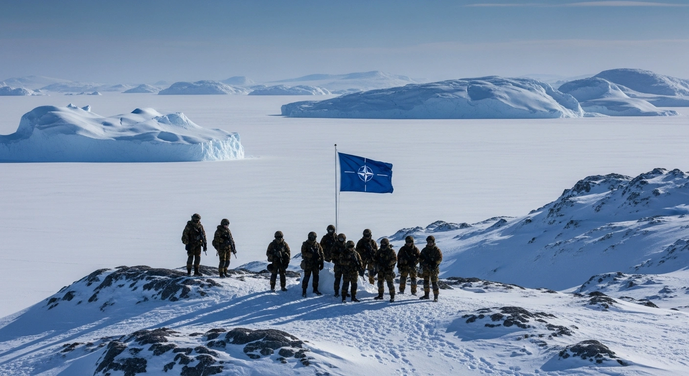 Belgian military personnel stand on a snowy ridge in Greenland during a NATO mission to enhance Arctic regional security.