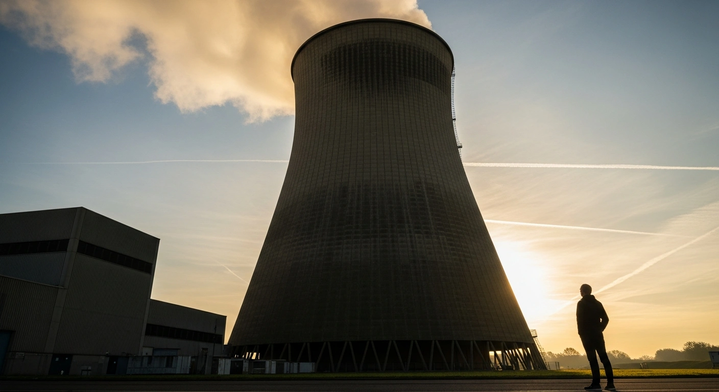 A dramatic low-angle photograph of a towering nuclear cooling tower at dawn, with a small silhouetted figure in the foreground, representing Belgium's resumed discussions with Engie to extend the operational life of its Doel 4 and Tihange 3 nuclear reactors.