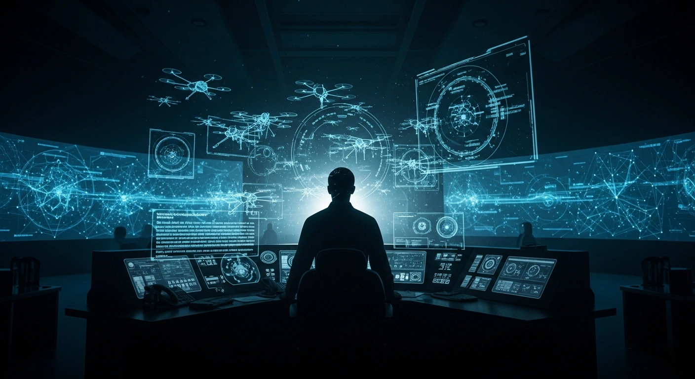 A futuristic command center with holographic displays showing AI algorithms, drone schematics, and cyber defense networks, representing Belgium's €3.6 billion Odin Project to develop advanced military technologies for future warfare over ten years.