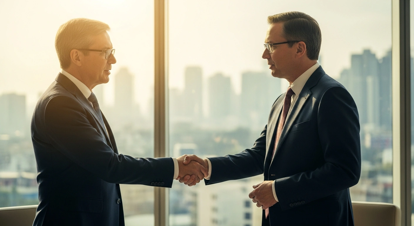 Belgian Foreign Minister Maxime Prévot shakes hands with a Philippine official during a diplomatic meeting in Manila to discuss maritime cooperation and trade.