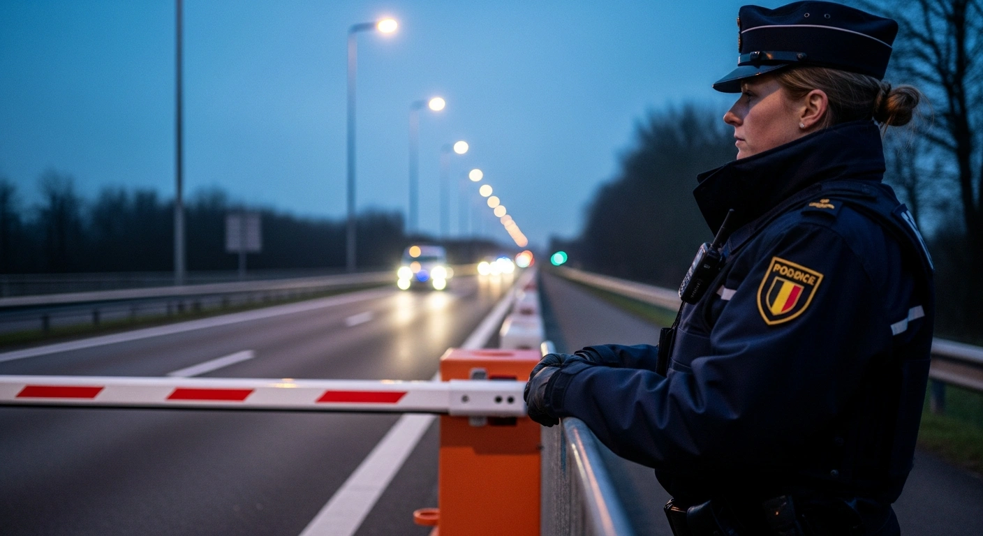 A uniformed Belgian federal officer stands at a temporary checkpoint on a European highway at dawn, conducting internal Schengen entry checks to address irregular migration and enhance security.