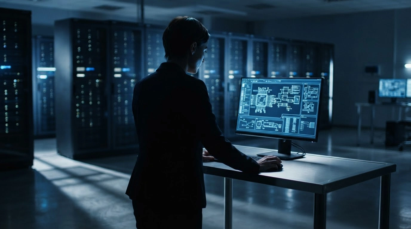 A researcher stands in a dark laboratory while handling sensitive semiconductor technology data, representing a case of economic espionage in Belgium.