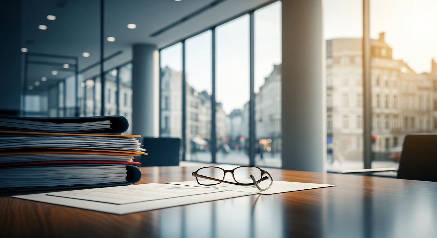 A professional desk with organized documents represents the updated social security framework and healthcare policy changes in Belgium.