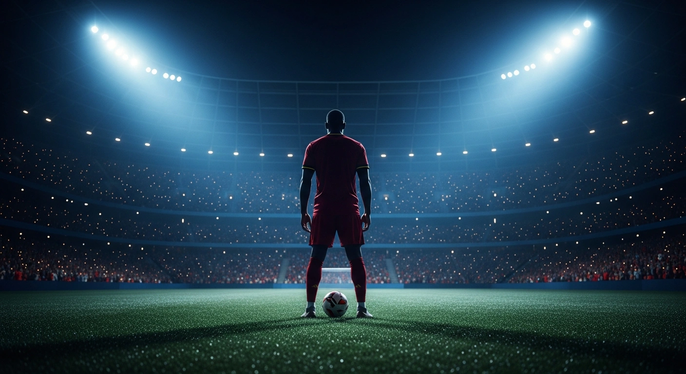 A professional football player in a red Belgium kit stands on a stadium pitch as the team prepares for the 2026 World Cup.