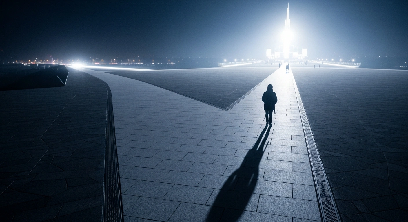 A solitary figure stands at a modern urban crossroads at pre-dawn, with one path fading into a blur and another leading towards a brightly lit building, visually representing Belgium's reform to its unemployment benefit system, which limits benefits to two years and encourages re-entry into the workforce starting January 1, 2026.