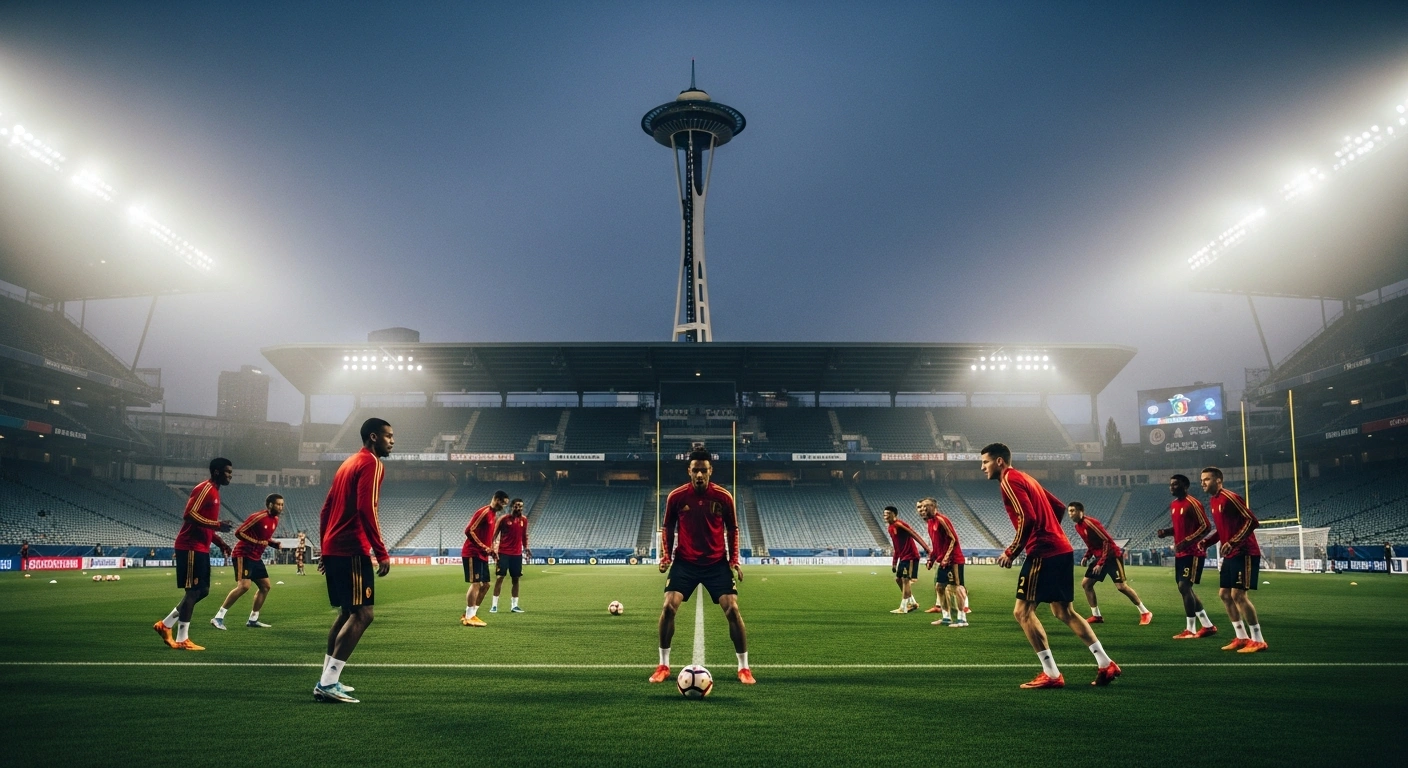The Belgian national football team trains on a pitch in Seattle ahead of their FIFA World Cup round of 16 match against the United States.