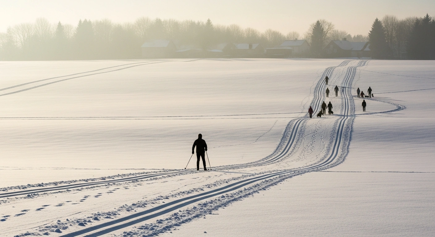 A wide, picturesque view of Belgium's East Cantons shows cross-country skiers on fresh powder snow and children sledging down a slope, celebrating the opening of winter sports centers after recent snowfall.