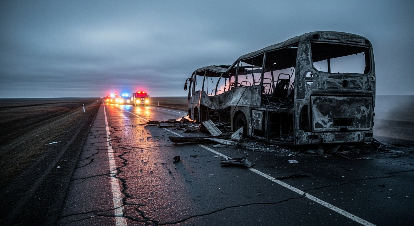 The smoldering wreckage of a passenger bus sits on a road in the Belgorod region after a drone strike caused civilian casualties.