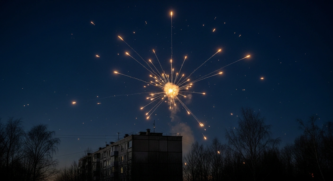 A nighttime scene in Stary Oskol, Russia's Belgorod region, shows anti-aircraft fire intercepting Ukrainian drones over a residential building, hinting at the destruction and civilian casualties from the February 2, 2026, attack.