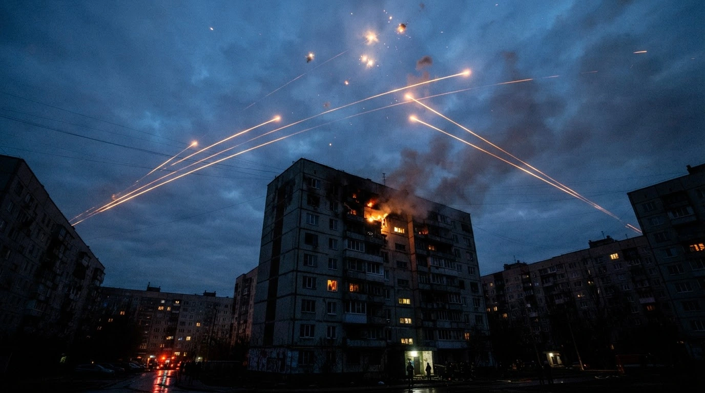 A damaged residential building in Belgorod is illuminated by anti-aircraft fire during a drone attack on the Russian border city.