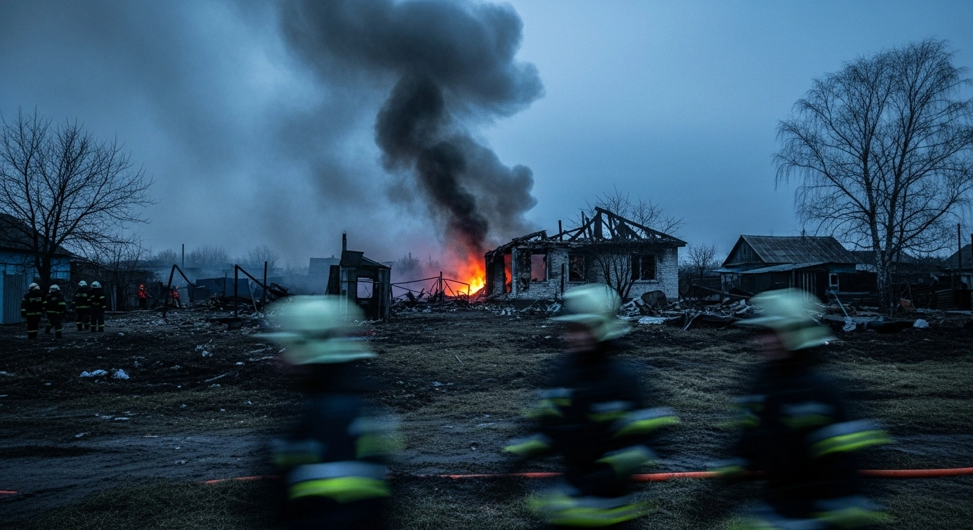 Emergency responders arrive at a damaged residential building in the Belgorod region following a Ukrainian drone strike.