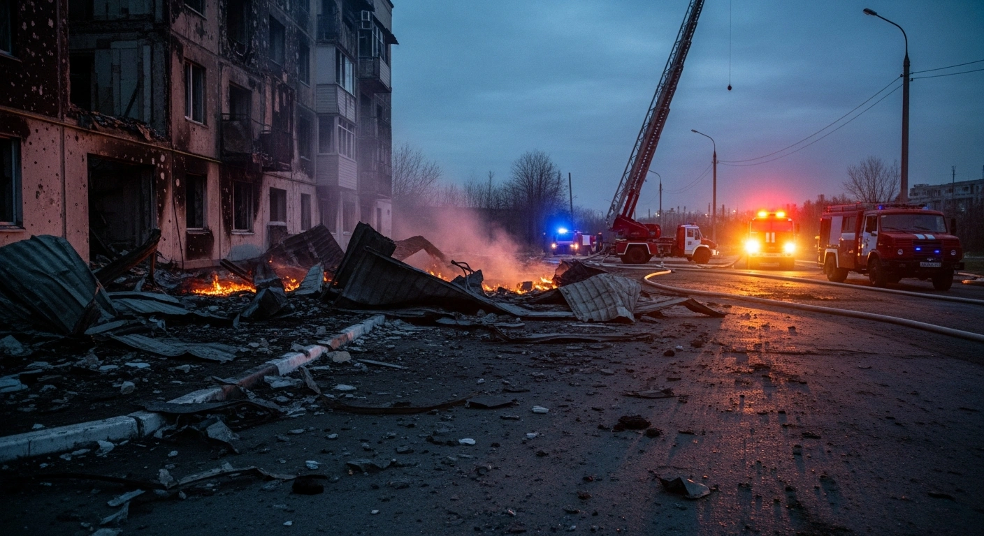 Emergency responders work at the site of a damaged building in Belgorod following a Ukrainian drone strike.