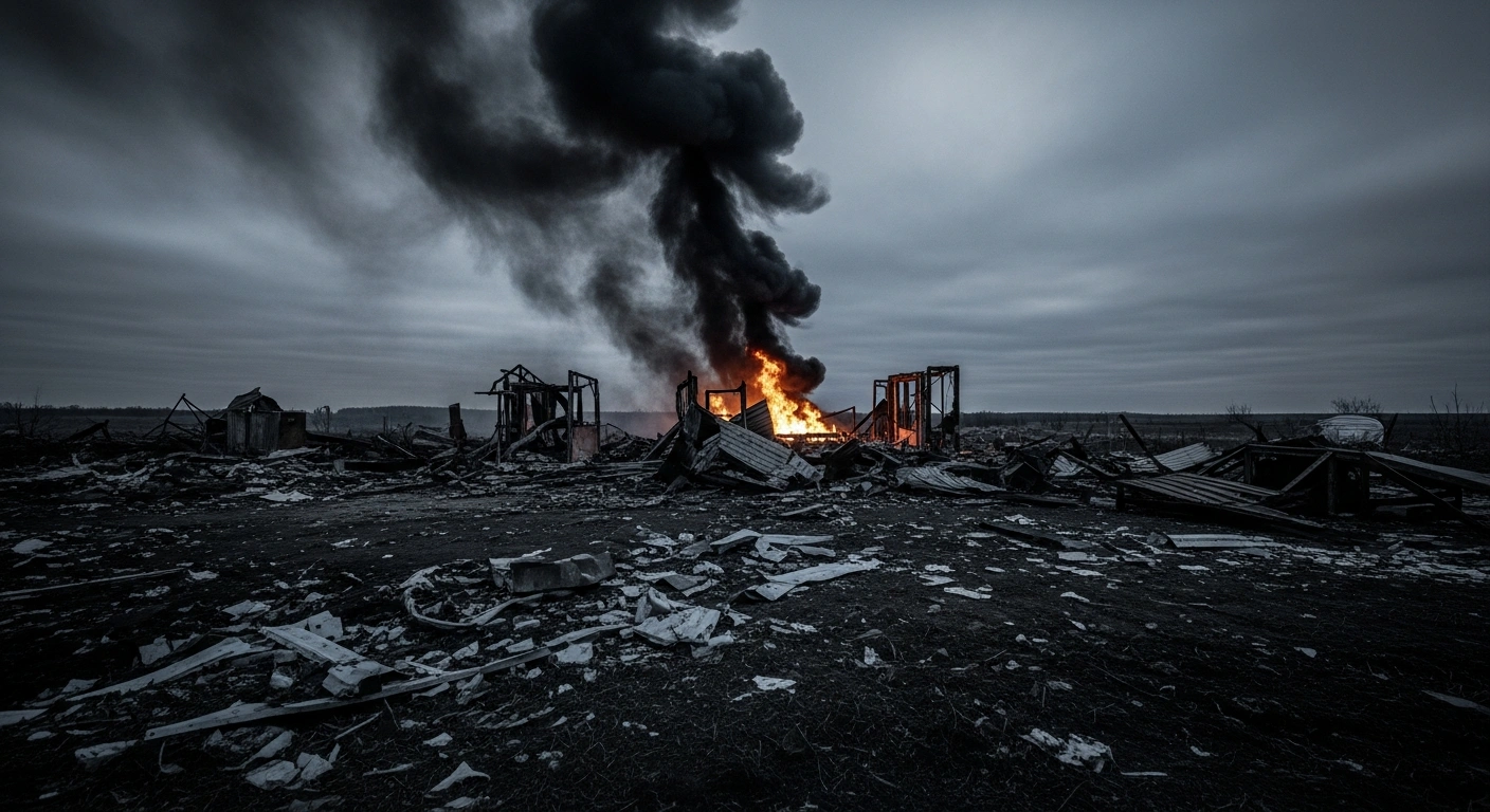 The smoldering ruins of a damaged building in the Belgorod region following a fatal Ukrainian drone strike.