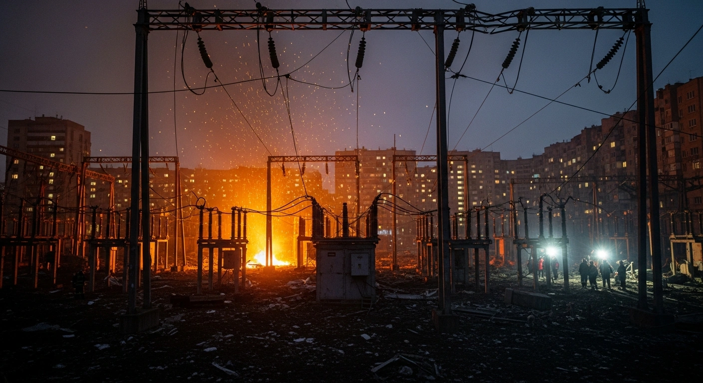 Emergency crews work to repair a damaged electrical substation in the Belgorod region following Ukrainian missile and drone strikes that disrupted local power and heating services.