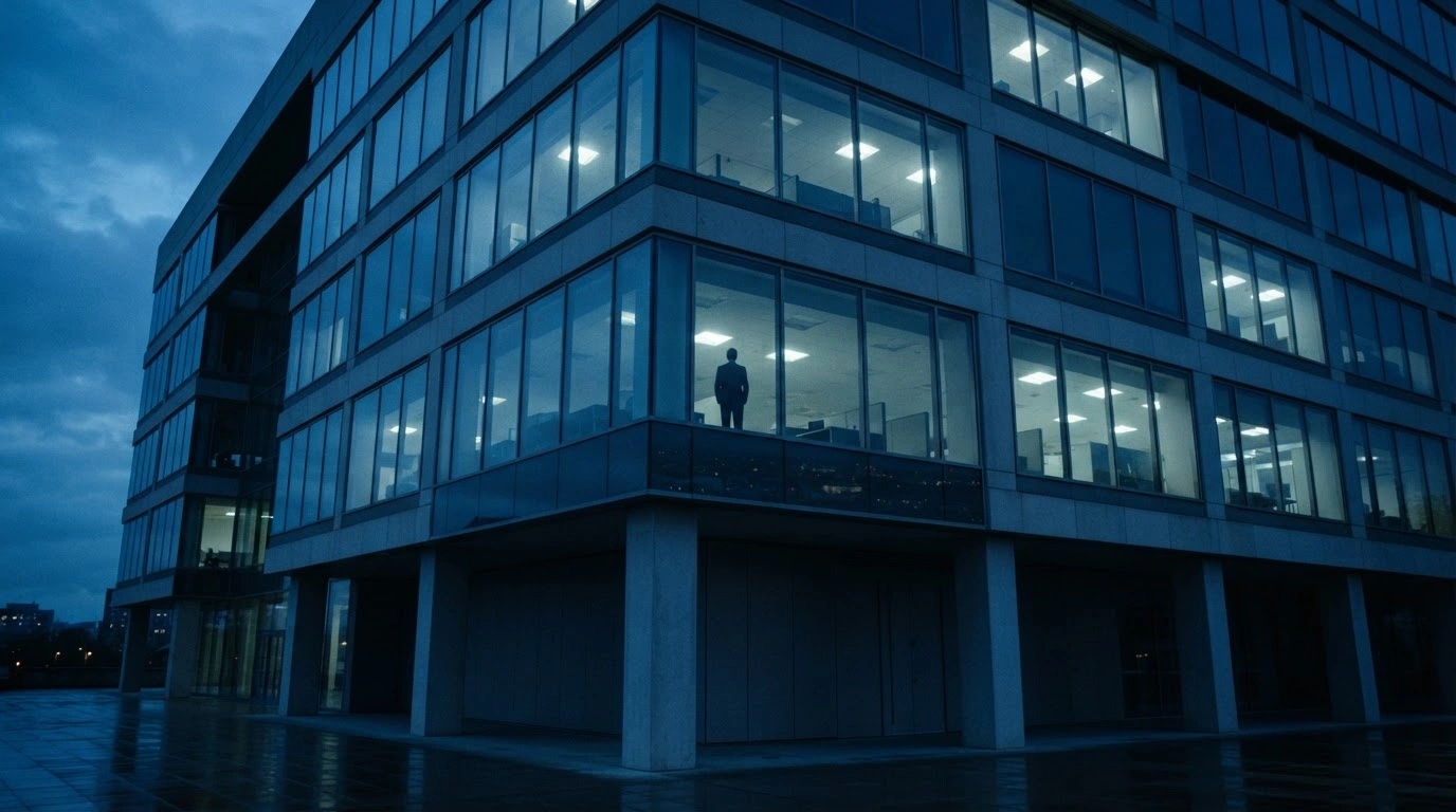 A modern government building stands in the twilight, symbolizing the investigation into the false claims regarding the Belgorod Oblast military leadership.
