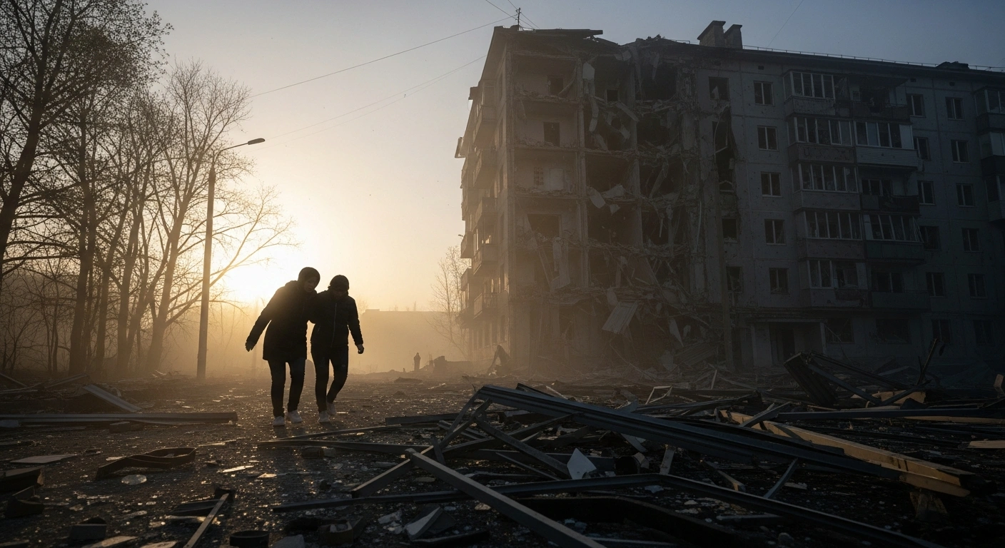 A residential street in Belgorod, Russia, is depicted at dawn with a severely damaged apartment building, scattered debris, and two figures, one supporting the other, illustrating the aftermath of a missile strike that injured two women and caused significant property damage.