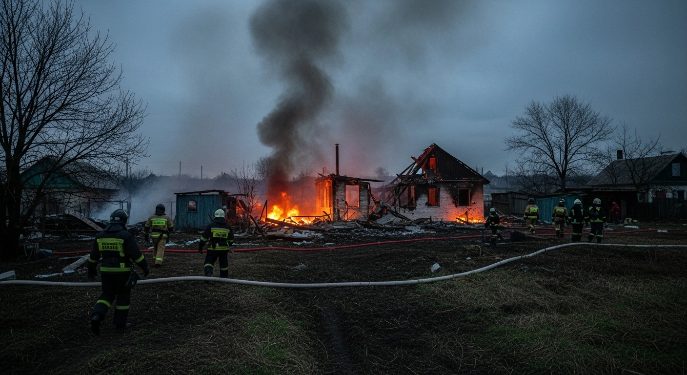 Emergency responders work at the site of a cross-border attack in the Belgorod region where a building was damaged.