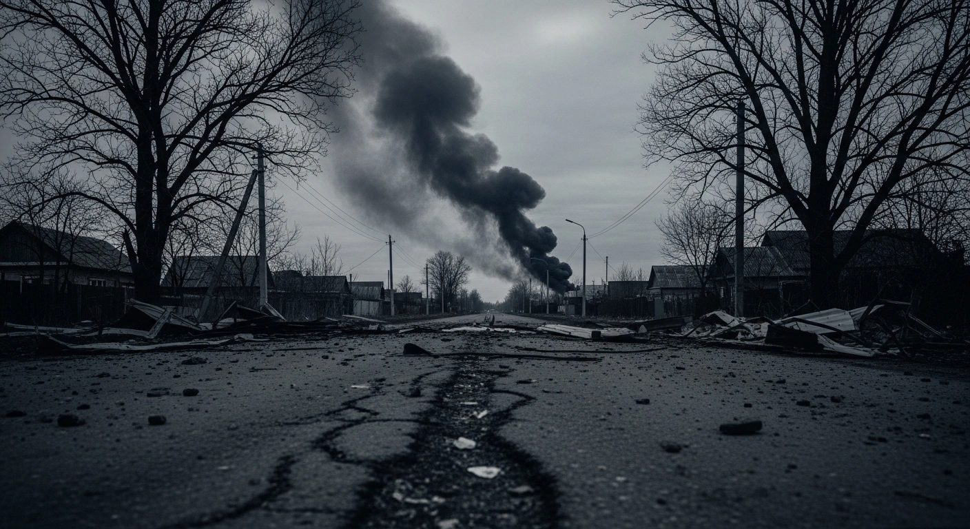 The aftermath of a shelling attack in the Belgorod region shows smoke rising from damaged buildings near the Russia-Ukraine border.