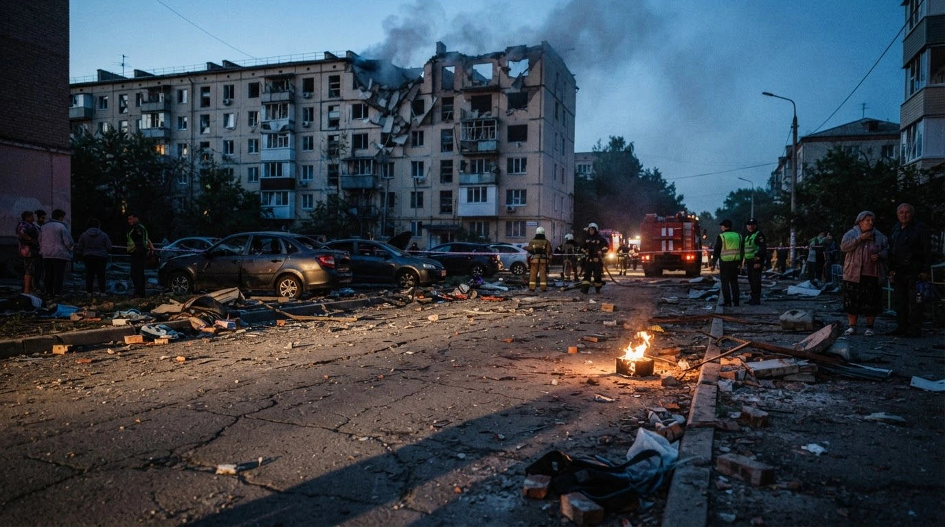 The aftermath of cross-border shelling in a residential area of the Belgorod region shows damaged buildings and debris under a twilight sky.