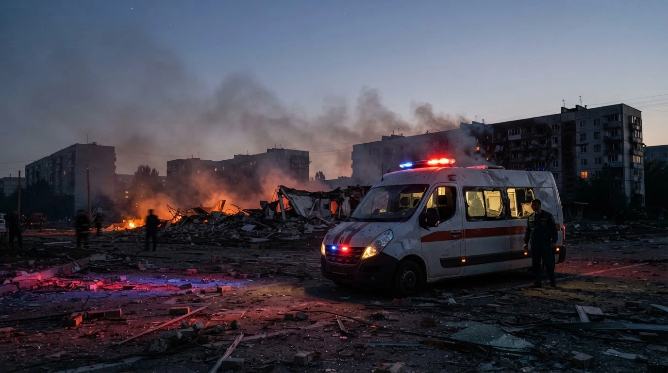 A damaged ambulance sits in the middle of a debris-filled street in Belgorod following a deadly strike during the Russia-Ukraine conflict.