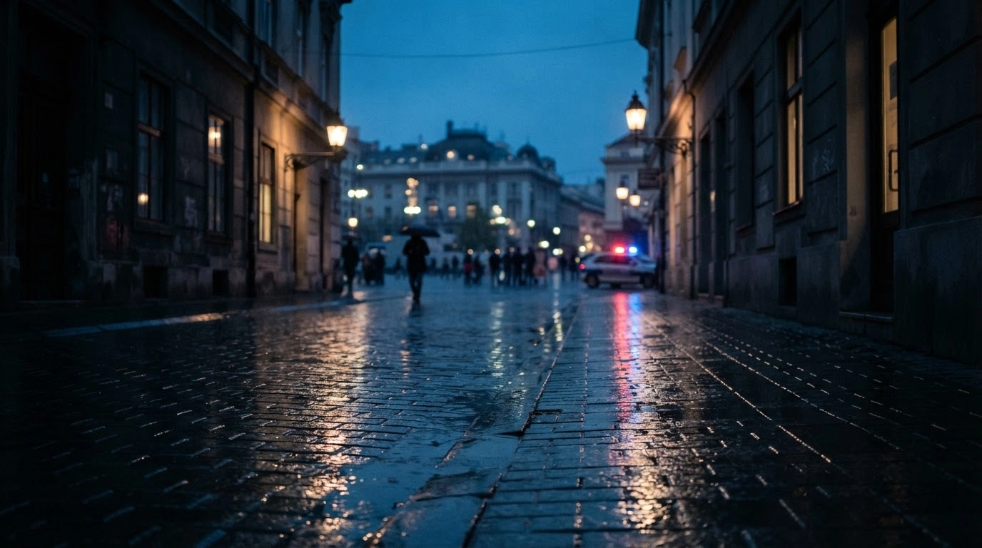 A deserted street in Belgrade at dusk under a security alert issued by the U.S. Embassy regarding potential public demonstrations.
