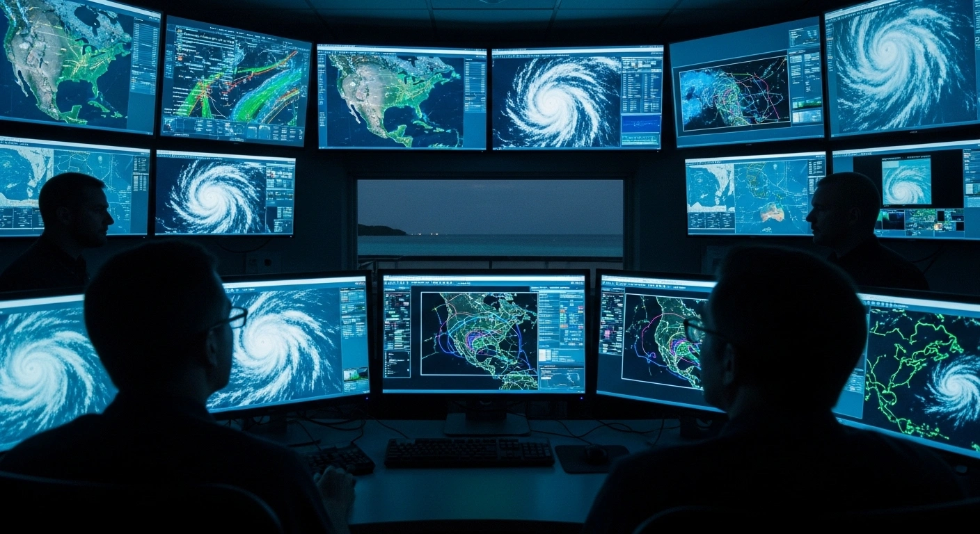 A dimly lit meteorological operations center shows meteorologists tracking a massive Category 4 Hurricane Gabrielle on screens, with a calm Belizean coastline visible through a window, indicating the storm's distant path in the Atlantic.