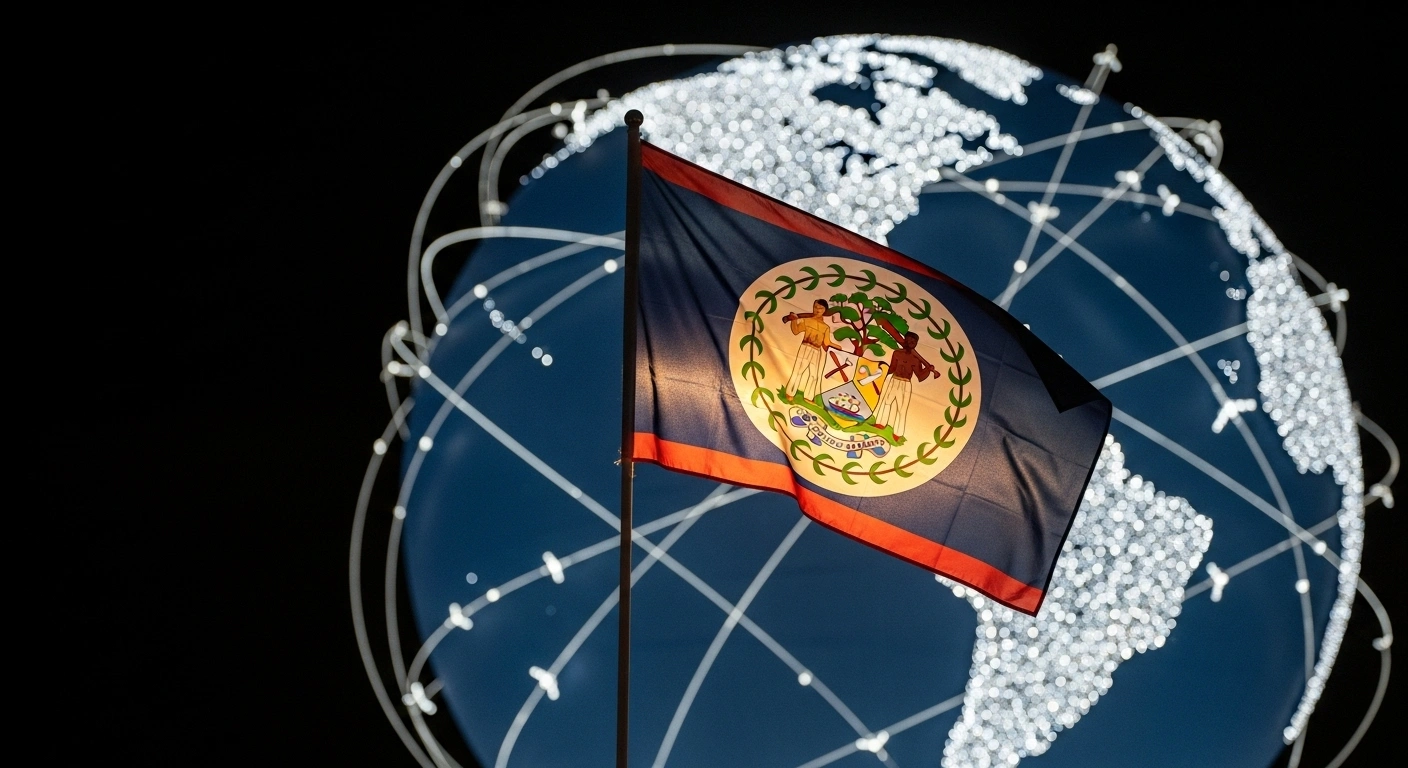 A vibrant Belizean flag stands prominently in the foreground, subtly backlit by a warm, golden glow, with a grand, illuminated, stylized globe crisscrossed with ethereal flight paths in the background, symbolizing Belize's election to the International Civil Aviation Organization (ICAO) Council for the 2025-2028 term and its new direct influence in global civil aviation policymaking.