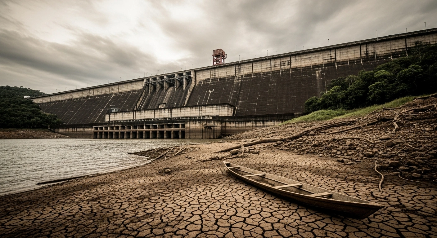 A wide, low-angle shot captures the colossal concrete wall of the Belo Monte Dam under an overcast Amazonian sky, with a stark, partially dried-up section of the Xingu River in the foreground and an abandoned indigenous canoe, illustrating the dam's severe environmental and social impacts on the Amazon and its indigenous communities.