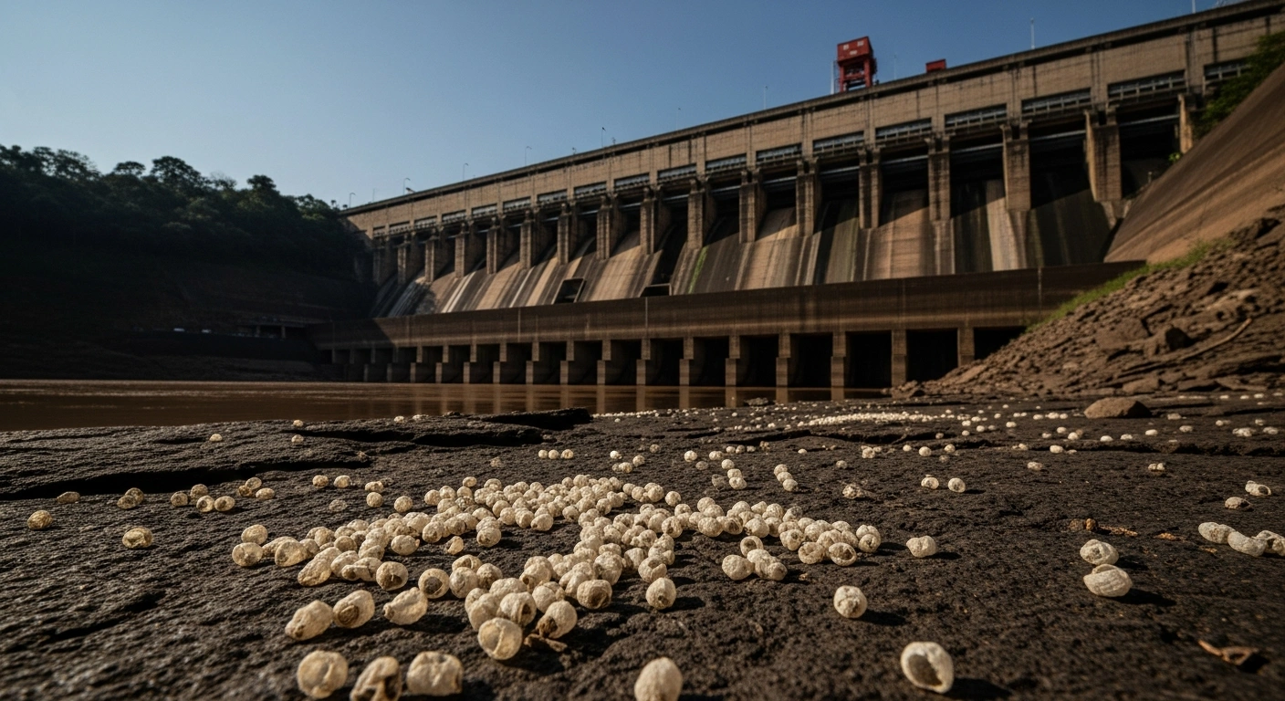 A wide, low-angle shot captures the massive concrete structure of the Belo Monte Dam towering over a parched section of the Xingu River bed, where numerous dried-out fish eggs are scattered, signifying a significant die-off and highlighting environmental concerns.