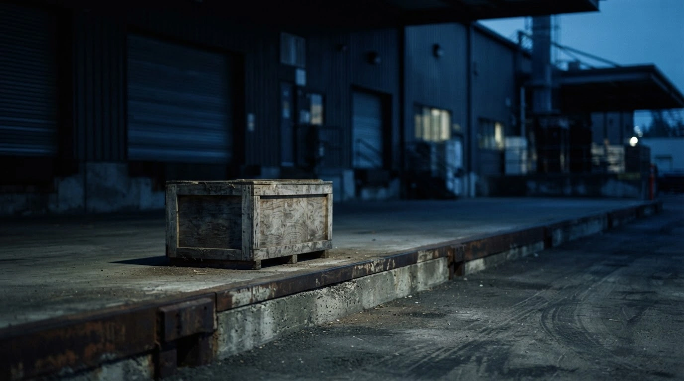 An abandoned shipping crate sits on a dark loading dock representing the suspension of Belposhta mail services to the United States.