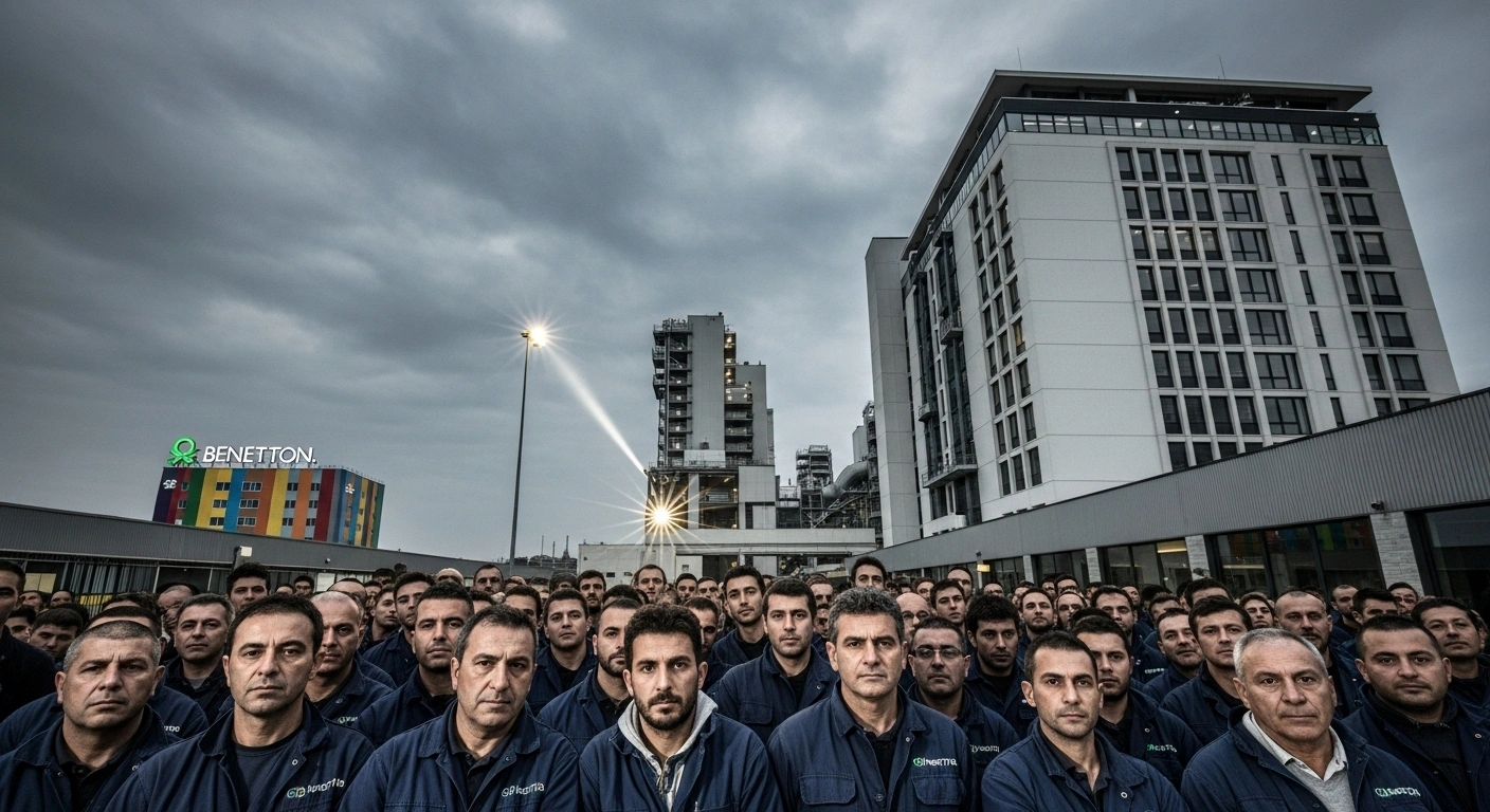 A low-angle, wide shot depicts a group of Benetton employees striking outside the Castrette di Villorba plant in Italy, their determined faces visible against the backdrop of the industrial facility under an overcast sky, symbolizing their protest against solidarity contracts and the company's restructuring plan.