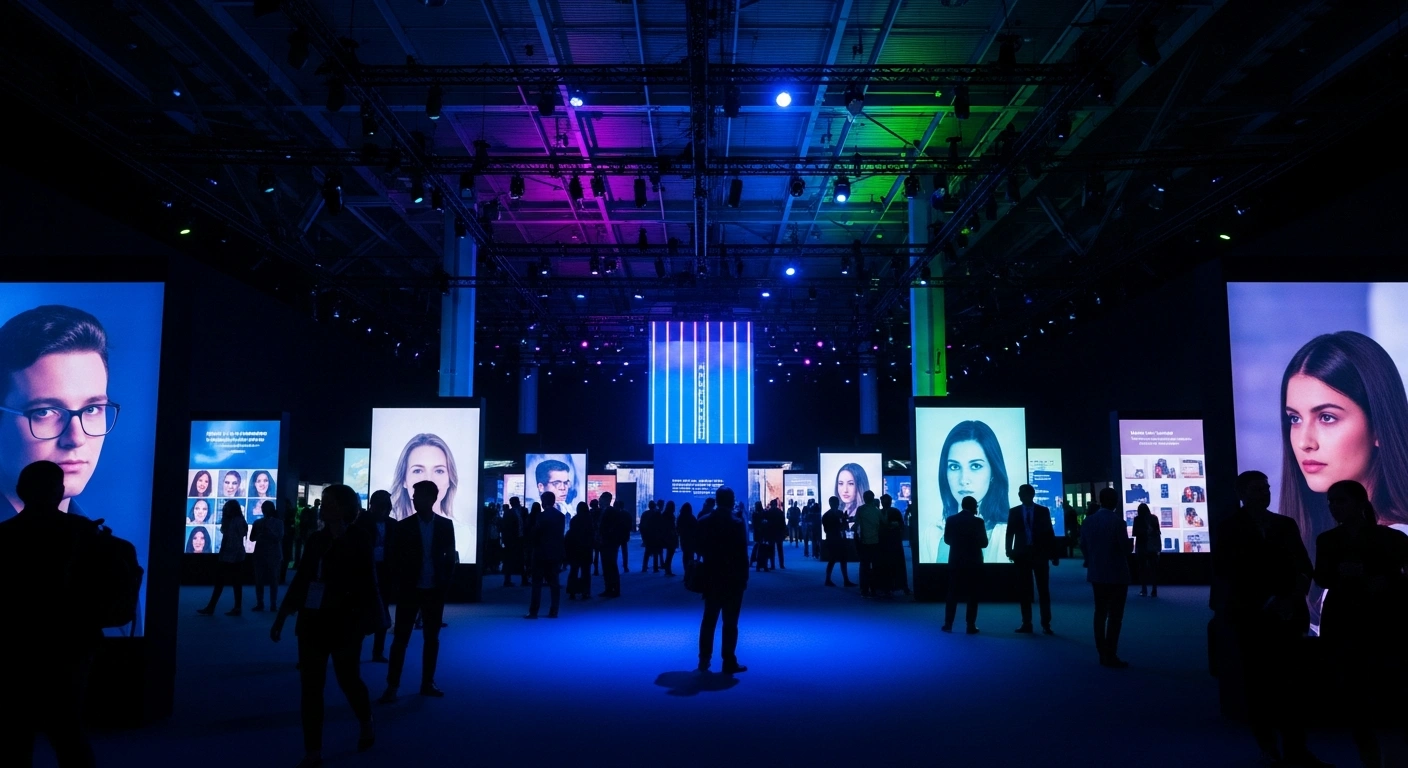 A wide, elevated shot of a futuristic exhibition hall bathed in dynamic blue, purple, and green light, with diverse attendees looking towards a central glowing structure, representing the Bengaluru Tech Summit (BTS 2025) where new IT, Startup, and Space Technology policies for Karnataka are unveiled.