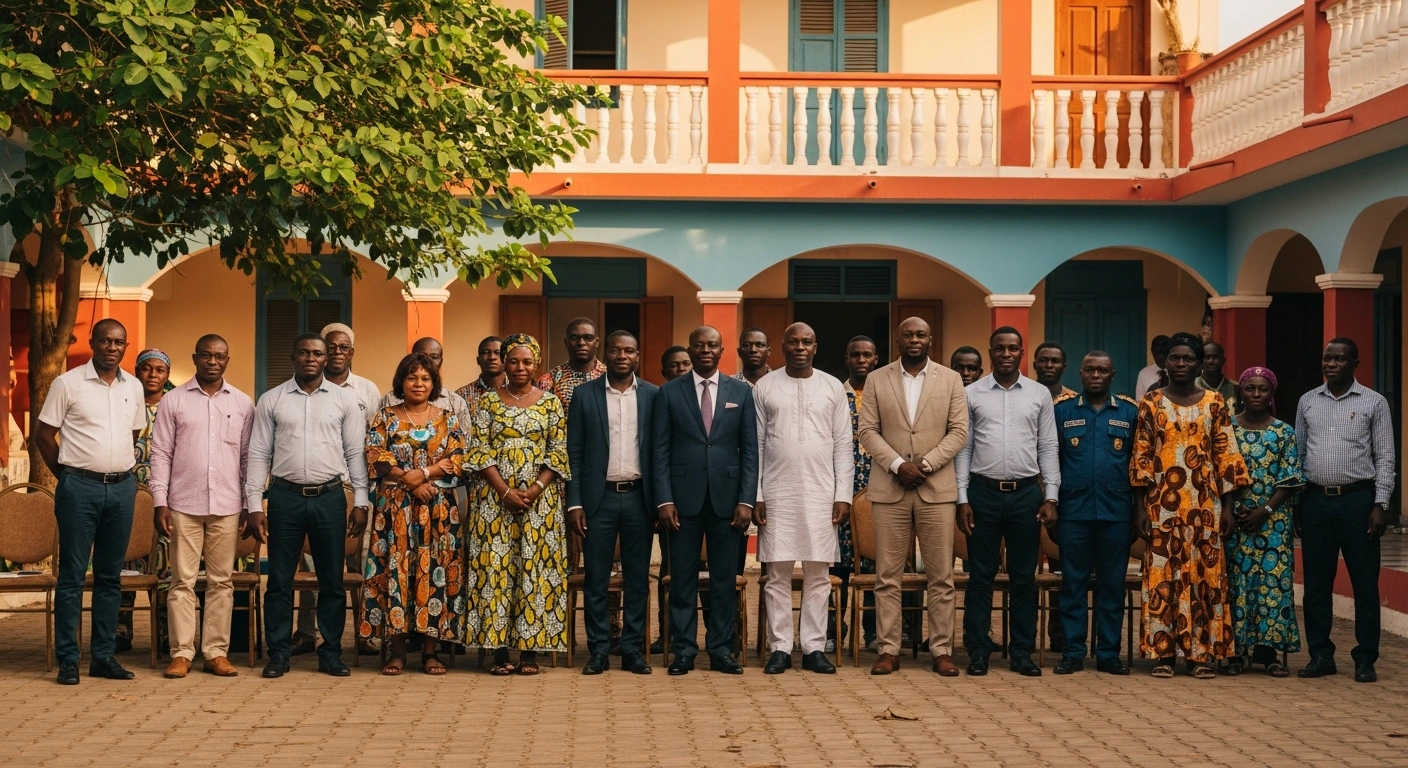 Government officials and refugees stand together during a World Refugee Day ceremony in Natitingou, Benin, to demonstrate commitment to displaced populations.