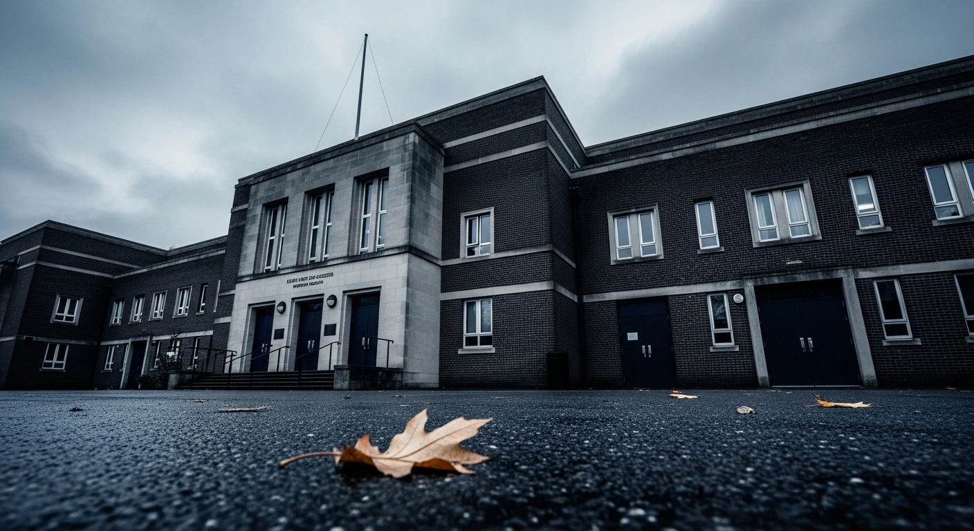 A wide, low-angle photograph shows the imposing, shadowed facade of a brick building, resembling a courthouse or nursery, under an overcast sky, symbolizing the solemn verdict against Nathan Bennett for sexually abusing children at Partou King Street nursery in Bristol.
