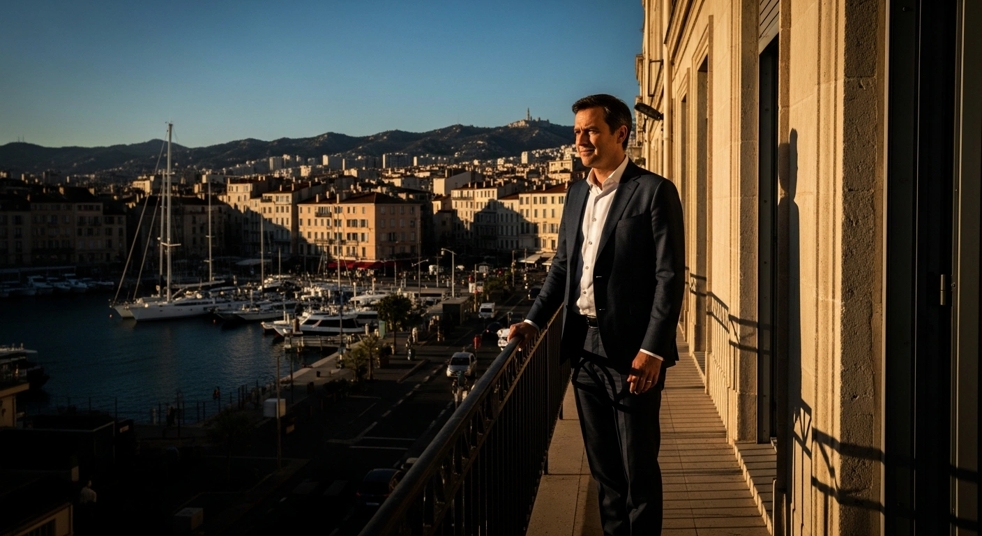 Mayor Benoît Payan stands on a balcony overlooking the Marseille harbor after securing his reelection as mayor of the city.